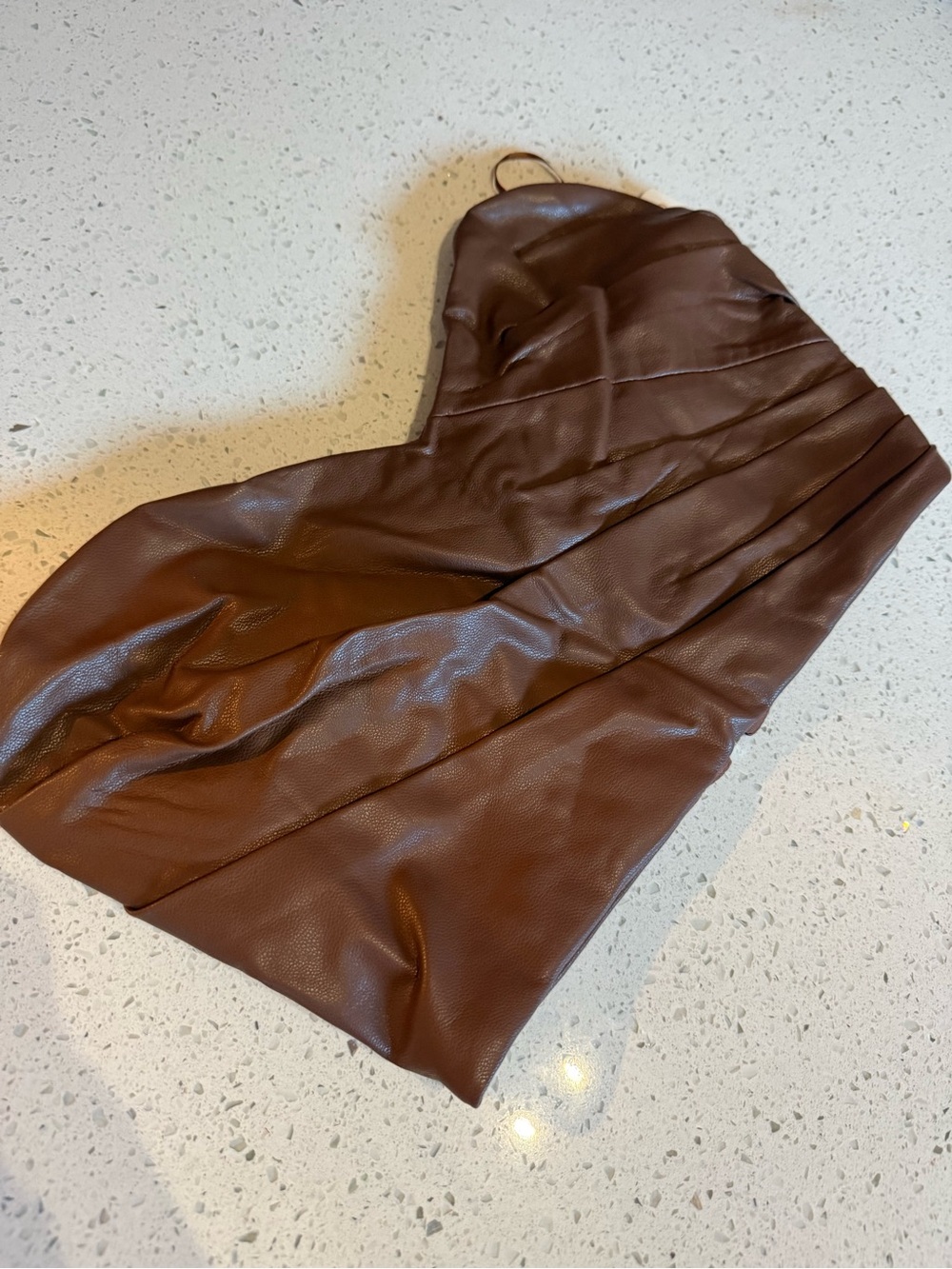 Olivaceous Brown Faux Leather Strapless Tunic Top